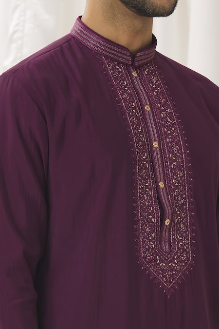 Aariyana Couture_Wine Silk, Cotton, Polyester Embroidery Placement Kurta With Pant _at_Aza_Fashions