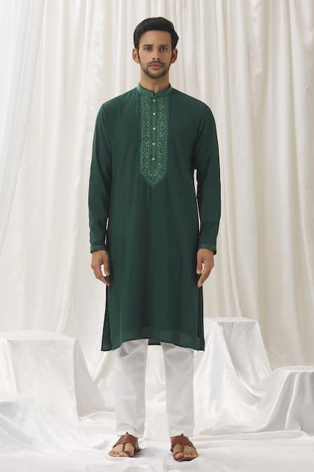 Buy_Aariyana Couture_Green Silk, Cotton, Polyester Embroidery Placed Thread Kurta With Pant _Online_at_Aza_Fashions