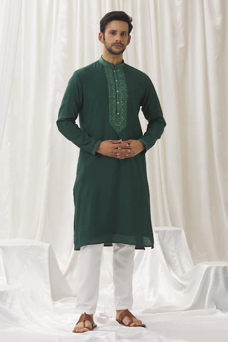 Shop_Aariyana Couture_Green Silk, Cotton, Polyester Embroidery Placed Thread Kurta With Pant _Online_at_Aza_Fashions