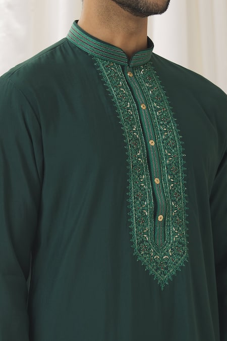 Aariyana Couture_Green Silk, Cotton, Polyester Embroidery Placed Thread Kurta With Pant _at_Aza_Fashions