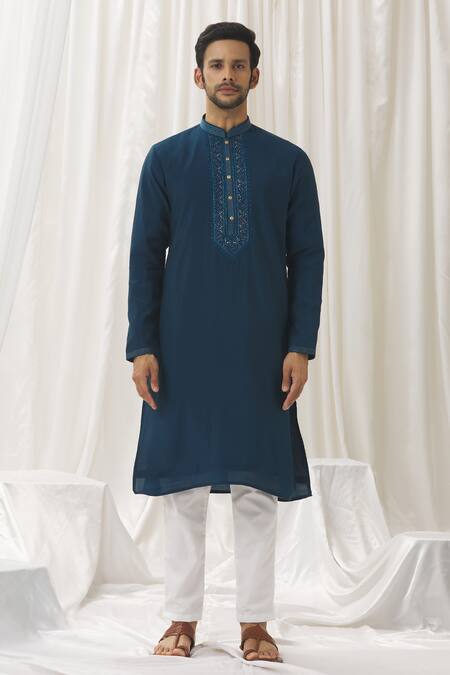Aariyana Couture Blue Silk, Cotton, Polyester Embroidery Thread Kurta With Pant Online at Aza Fashions Aariyana Couture_Blue Silk, Cotton, Polyester Embroidery Thread Kurta With Pant _Online_at_Aza_Fashions