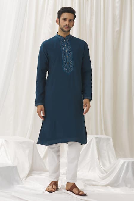 Buy Aariyana Couture Blue Silk, Cotton, Polyester Embroidery Thread Kurta With Pant Online at Aza Fashions Buy_Aariyana Couture_Blue Silk, Cotton, Polyester Embroidery Thread Kurta With Pant _Online_at_Aza_Fashions