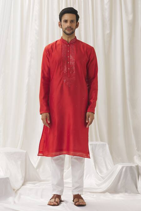 Aariyana Couture Orange Silk, Cotton, Polyester Mirrors Embellished Kurta With Pant Online at Aza Fashions Aariyana Couture_Orange Silk, Cotton, Polyester Mirrors Embellished Kurta With Pant _Online_at_Aza_Fashions