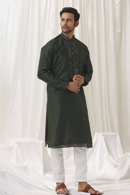 Shop Aariyana Couture Green Silk, Cotton, Polyester Mirrors Embellished Kurta With Pant Online at Aza Fashions Shop_Aariyana Couture_Green Silk, Cotton, Polyester Mirrors Embellished Kurta With Pant _Online_at_Aza_Fashions