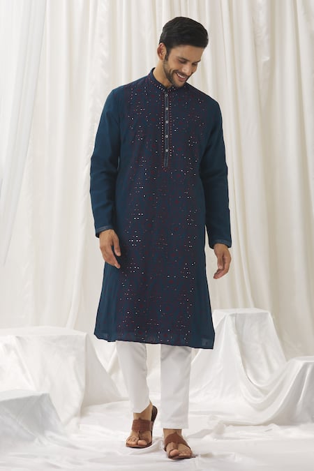 Buy Aariyana Couture Blue Silk, Cotton, Polyester Embroidery, Mirrors Flower Thread Kurta With Pant Online at Aza Fashions Buy_Aariyana Couture_Blue Silk, Cotton, Polyester Embroidery, Mirrors Flower Thread Kurta With Pant _Online_at_Aza_Fashions