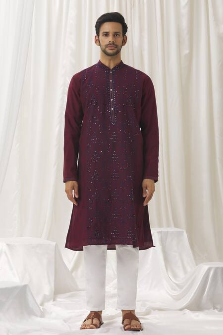 Aariyana Couture Maroon Silk, Cotton, Polyester Embroidery, Mirrors Flower Kurta With Pant Online at Aza Fashions Aariyana Couture_Maroon Silk, Cotton, Polyester Embroidery, Mirrors Flower Kurta With Pant _Online_at_Aza_Fashions