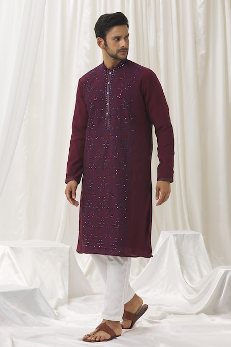 Buy Aariyana Couture Maroon Silk, Cotton, Polyester Embroidery, Mirrors Flower Kurta With Pant Online at Aza Fashions Buy_Aariyana Couture_Maroon Silk, Cotton, Polyester Embroidery, Mirrors Flower Kurta With Pant _Online_at_Aza_Fashions