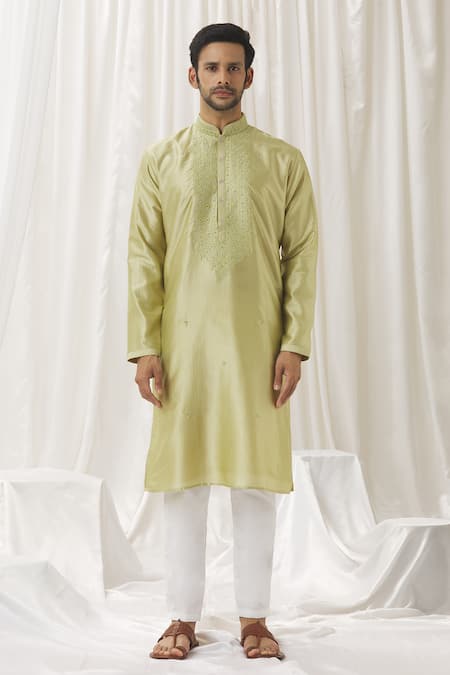 Aariyana Couture Green Silk, Cotton, Polyester Embroidery Blossom Thread Kurta With Pant Online at Aza Fashions Aariyana Couture_Green Silk, Cotton, Polyester Embroidery Blossom Thread Kurta With Pant _Online_at_Aza_Fashions