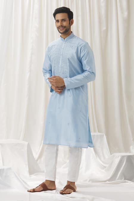 Shop Aariyana Couture Sky Blue Silk, Cotton, Polyester Embroidery Blossom Kurta With Pant Online at Aza Fashions Shop_Aariyana Couture_Sky Blue Silk, Cotton, Polyester Embroidery Blossom Kurta With Pant _Online_at_Aza_Fashions
