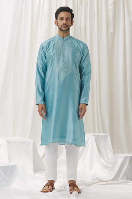 Aariyana Couture Blue Silk, Cotton, Polyester Embroidery Floret Kurta With Pant Online at Aza Fashions Aariyana Couture_Blue Silk, Cotton, Polyester Embroidery Floret Kurta With Pant _Online_at_Aza_Fashions