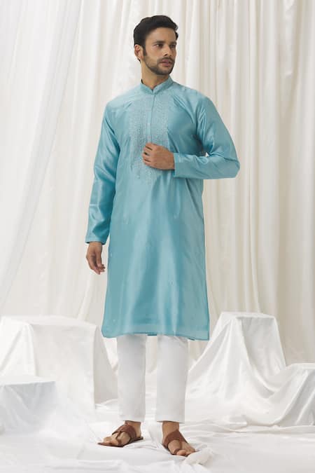 Buy Aariyana Couture Blue Silk, Cotton, Polyester Embroidery Floret Kurta With Pant Online at Aza Fashions Buy_Aariyana Couture_Blue Silk, Cotton, Polyester Embroidery Floret Kurta With Pant _Online_at_Aza_Fashions