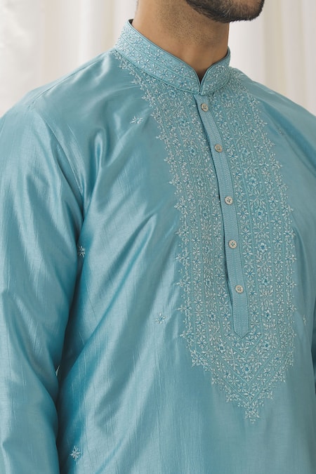 Shop Aariyana Couture Blue Silk, Cotton, Polyester Embroidery Floret Kurta With Pant Online at Aza Fashions Shop_Aariyana Couture_Blue Silk, Cotton, Polyester Embroidery Floret Kurta With Pant _Online_at_Aza_Fashions