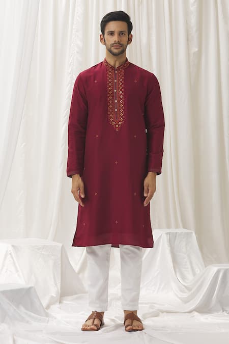 Buy Aariyana Couture Maroon Silk, Cotton, Polyester Embroidery Straight Kurta With Pant Online at Aza Fashions Buy_Aariyana Couture_Maroon Silk, Cotton, Polyester Embroidery Straight Kurta With Pant _Online_at_Aza_Fashions