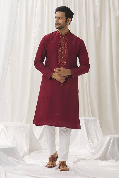Shop Aariyana Couture Maroon Silk, Cotton, Polyester Embroidery Straight Kurta With Pant Online at Aza Fashions Shop_Aariyana Couture_Maroon Silk, Cotton, Polyester Embroidery Straight Kurta With Pant _Online_at_Aza_Fashions