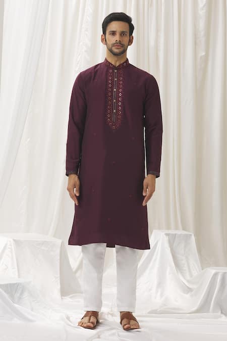 Buy Aariyana Couture Wine Silk, Cotton, Polyester Embroidery Floral Placket Kurta With Pant Online at Aza Fashions Buy_Aariyana Couture_Wine Silk, Cotton, Polyester Embroidery Floral Placket Kurta With Pant _Online_at_Aza_Fashions
