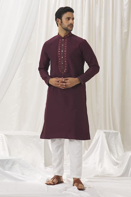 Shop Aariyana Couture Wine Silk, Cotton, Polyester Embroidery Floral Placket Kurta With Pant Online at Aza Fashions Shop_Aariyana Couture_Wine Silk, Cotton, Polyester Embroidery Floral Placket Kurta With Pant _Online_at_Aza_Fashions
