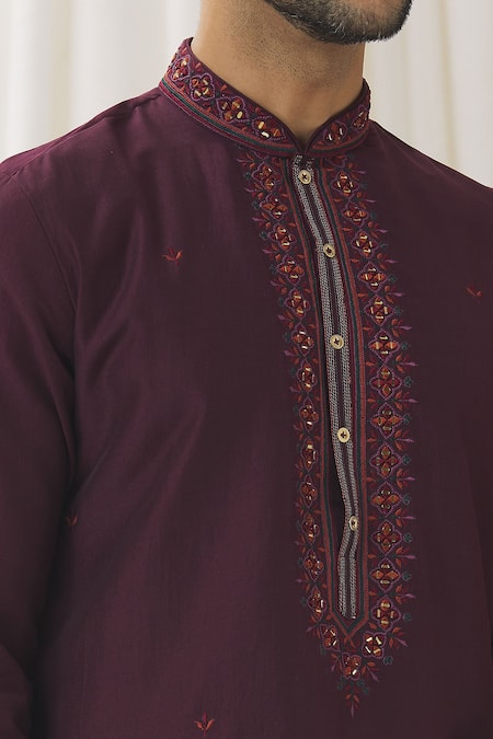Aariyana Couture Wine Silk, Cotton, Polyester Embroidery Floral Placket Kurta With Pant at Aza Fashions Aariyana Couture_Wine Silk, Cotton, Polyester Embroidery Floral Placket Kurta With Pant _at_Aza_Fashions