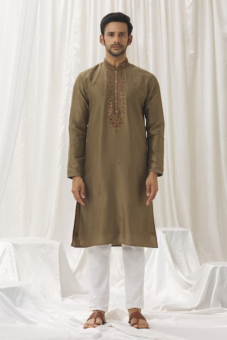 Aariyana Couture Green Silk, Cotton, Polyester Embroidery Placket Kurta With Pant Online at Aza Fashions Aariyana Couture_Green Silk, Cotton, Polyester Embroidery Placket Kurta With Pant _Online_at_Aza_Fashions