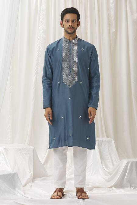 Aariyana Couture_Blue Silk, Cotton, Polyester Embroidery Flower Butti Kurta With Pant _Online_at_Aza_Fashions