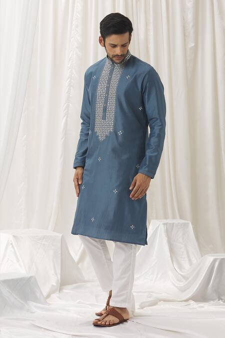 Buy_Aariyana Couture_Blue Silk, Cotton, Polyester Embroidery Flower Butti Kurta With Pant _Online_at_Aza_Fashions