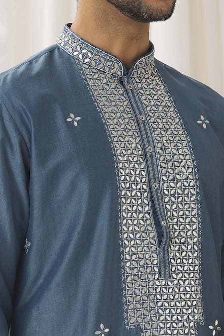 Shop_Aariyana Couture_Blue Silk, Cotton, Polyester Embroidery Flower Butti Kurta With Pant _Online_at_Aza_Fashions