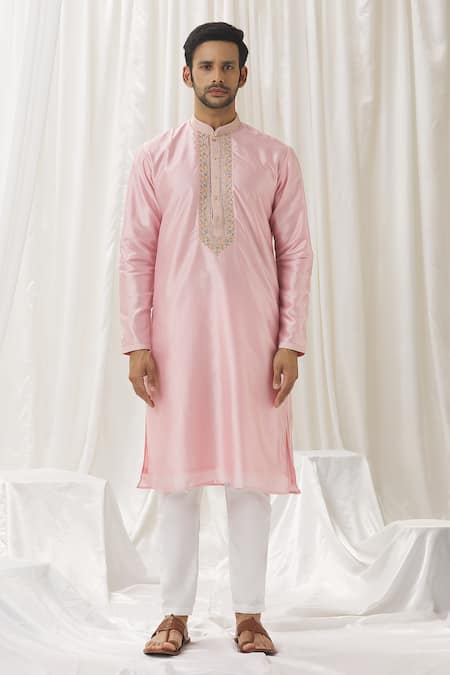 Buy Aariyana Couture Pink Silk, Cotton, Polyester Embroidery Floret Placket Kurta With Pant Online at Aza Fashions Buy_Aariyana Couture_Pink Silk, Cotton, Polyester Embroidery Floret Placket Kurta With Pant _Online_at_Aza_Fashions