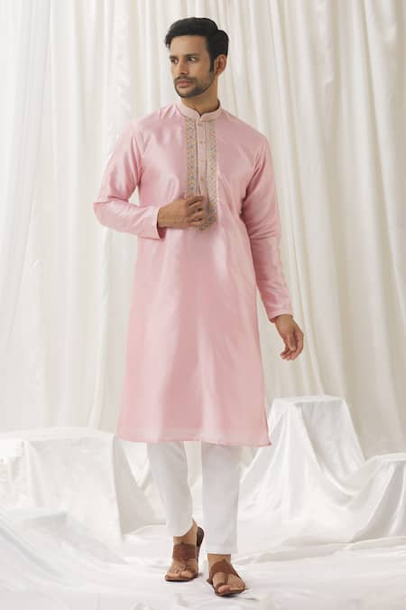 Shop Aariyana Couture Pink Silk, Cotton, Polyester Embroidery Floret Placket Kurta With Pant Online at Aza Fashions Shop_Aariyana Couture_Pink Silk, Cotton, Polyester Embroidery Floret Placket Kurta With Pant _Online_at_Aza_Fashions