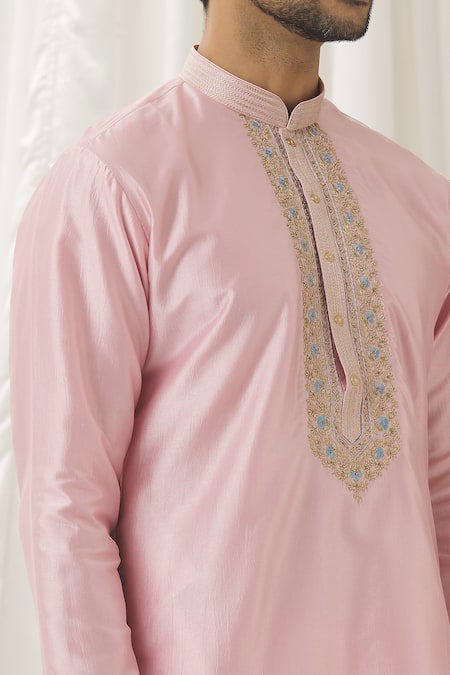 Aariyana Couture Pink Silk, Cotton, Polyester Embroidery Floret Placket Kurta With Pant at Aza Fashions Aariyana Couture_Pink Silk, Cotton, Polyester Embroidery Floret Placket Kurta With Pant _at_Aza_Fashions
