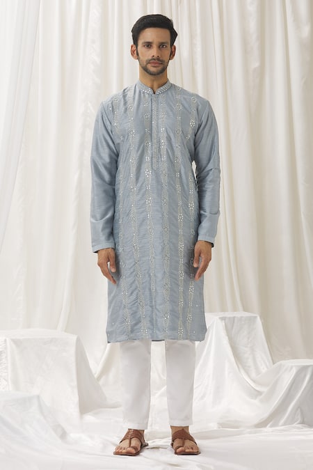 Aariyana Couture Blue Silk, Cotton, Polyester Mirrors Embroidered Straight Kurta With Pant Online at Aza Fashions Aariyana Couture_Blue Silk, Cotton, Polyester Mirrors Embroidered Straight Kurta With Pant _Online_at_Aza_Fashions