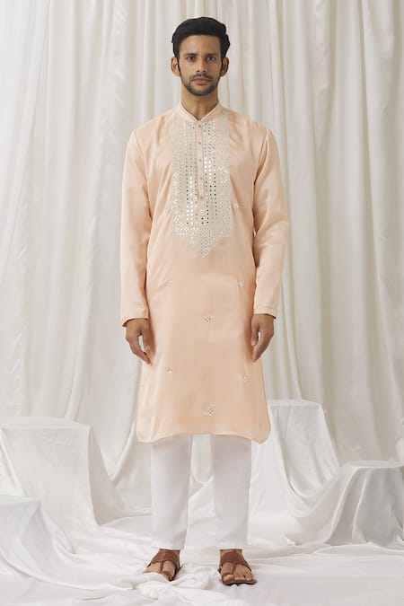 Aariyana Couture Peach Silk, Cotton, Polyester Mirrors Floret Embroidered Kurta With Pant Online at Aza Fashions Aariyana Couture_Peach Silk, Cotton, Polyester Mirrors Floret Embroidered Kurta With Pant _Online_at_Aza_Fashions