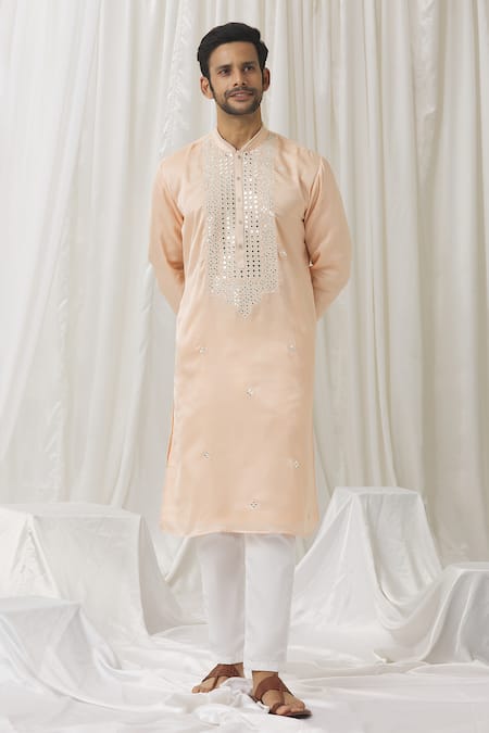 Buy Aariyana Couture Peach Silk, Cotton, Polyester Mirrors Floret Embroidered Kurta With Pant Online at Aza Fashions Buy_Aariyana Couture_Peach Silk, Cotton, Polyester Mirrors Floret Embroidered Kurta With Pant _Online_at_Aza_Fashions