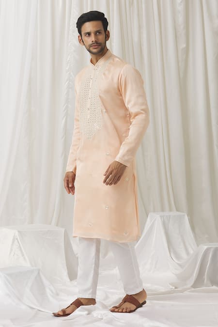 Shop Aariyana Couture Peach Silk, Cotton, Polyester Mirrors Floret Embroidered Kurta With Pant Online at Aza Fashions Shop_Aariyana Couture_Peach Silk, Cotton, Polyester Mirrors Floret Embroidered Kurta With Pant _Online_at_Aza_Fashions