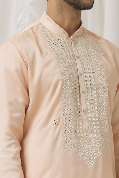 Aariyana Couture Peach Silk, Cotton, Polyester Mirrors Floret Embroidered Kurta With Pant at Aza Fashions Aariyana Couture_Peach Silk, Cotton, Polyester Mirrors Floret Embroidered Kurta With Pant _at_Aza_Fashions
