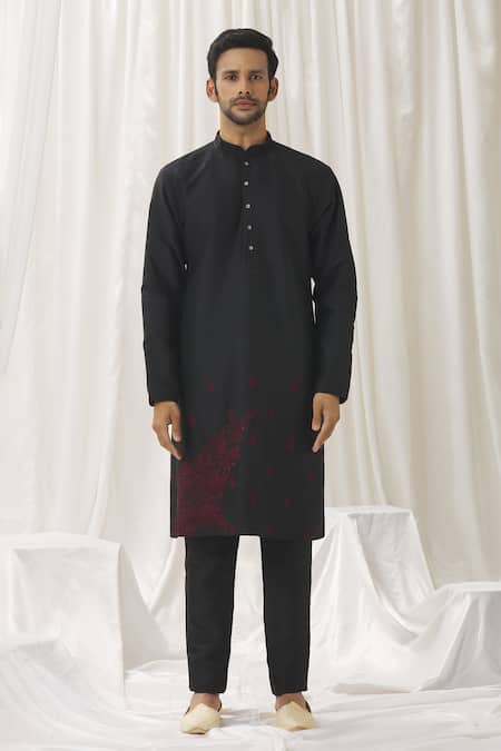 Aariyana Couture_Black Silk, Cotton, Polyester Embroidery Floral Bundi Kurta Set _Online_at_Aza_Fashions