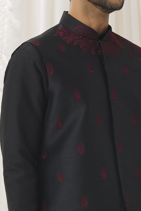 Shop_Aariyana Couture_Black Silk, Cotton, Polyester Embroidery Floral Bundi Kurta Set _Online_at_Aza_Fashions