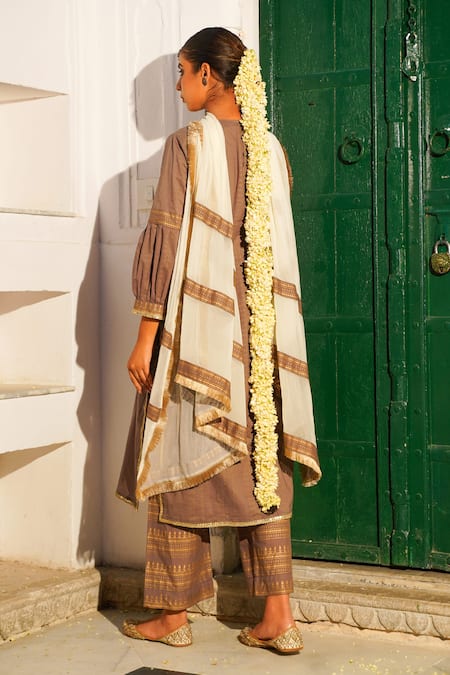 Shop The Home Affair Grey Cotton Sequins, Zari Round Neck Embroidered Kurta Palazzo Set at Aza Fashions Shop_The Home Affair_Grey Cotton Sequins, Zari Round Neck Embroidered Kurta Palazzo Set _at_Aza_Fashions