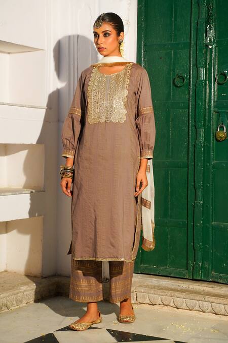 The Home Affair Grey Cotton Sequins, Zari Round Neck Embroidered Kurta Palazzo Set Online at Aza Fashions The Home Affair_Grey Cotton Sequins, Zari Round Neck Embroidered Kurta Palazzo Set _Online_at_Aza_Fashions