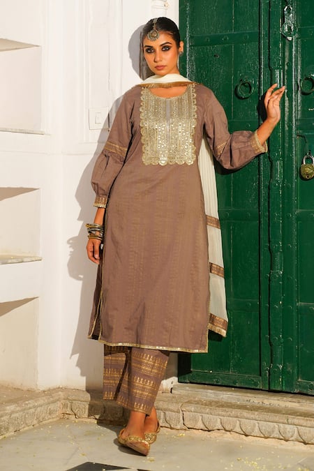 Shop The Home Affair Grey Cotton Sequins, Zari Round Neck Embroidered Kurta Palazzo Set Online at Aza Fashions Shop_The Home Affair_Grey Cotton Sequins, Zari Round Neck Embroidered Kurta Palazzo Set _Online_at_Aza_Fashions