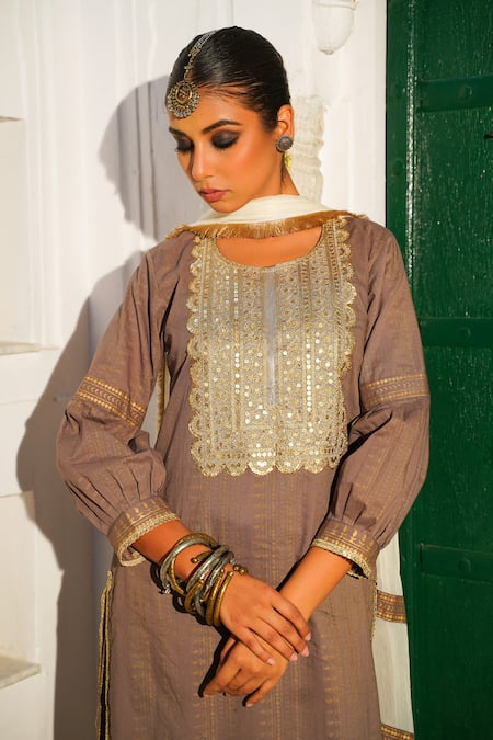 The Home Affair Grey Cotton Sequins, Zari Round Neck Embroidered Kurta Palazzo Set at Aza Fashions The Home Affair_Grey Cotton Sequins, Zari Round Neck Embroidered Kurta Palazzo Set _at_Aza_Fashions