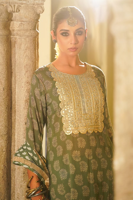 Shop_The Home Affair_Green Cotton Sequins Round Neck Paisley Printed Kurta Set With Dupatta _Online_at_Aza_Fashions