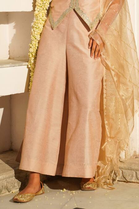 The Home Affair_Pink Cotton, Silk, Chanderi Sequins, Embroidery V-neck Blouse Palazzo Set _Online_at_Aza_Fashions
