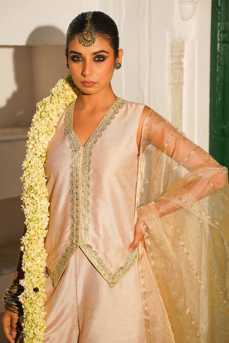 Shop_The Home Affair_Pink Cotton, Silk, Chanderi Sequins, Embroidery V-neck Blouse Palazzo Set _Online_at_Aza_Fashions