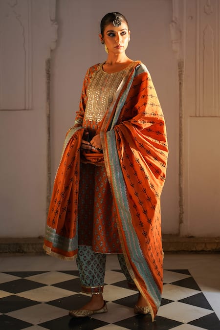 The Home Affair Orange Pure Cotton Embroidered Round Sequin Kurta Palazzo Set 