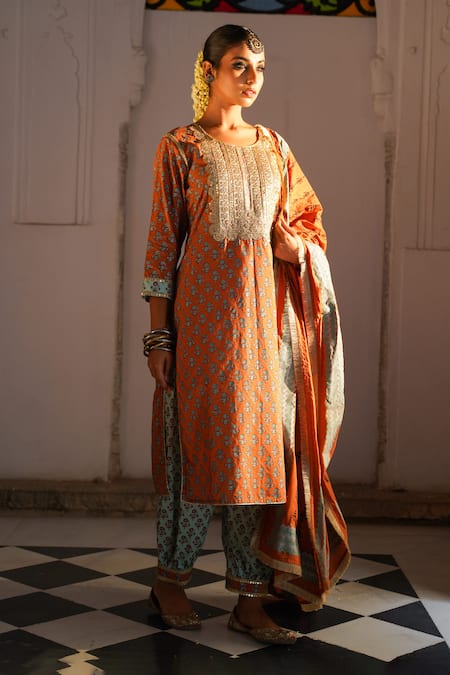 The Home Affair Orange Cotton Sequins, Embroidery Round Neck Kurta Palazzo Set Online at Aza Fashions The Home Affair_Orange Cotton Sequins, Embroidery Round Neck Kurta Palazzo Set _Online_at_Aza_Fashions