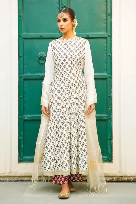 Buy_The Home Affair_Off White Cotton, Chiffon Embroidery Round Floral Print Anarkali Palazzo Set _Online_at_Aza_Fashions