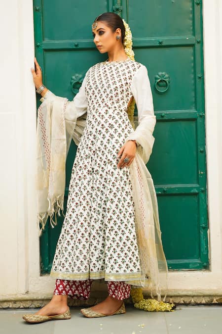 The Home Affair_Off White Cotton, Chiffon Embroidery Round Floral Print Anarkali Palazzo Set _at_Aza_Fashions