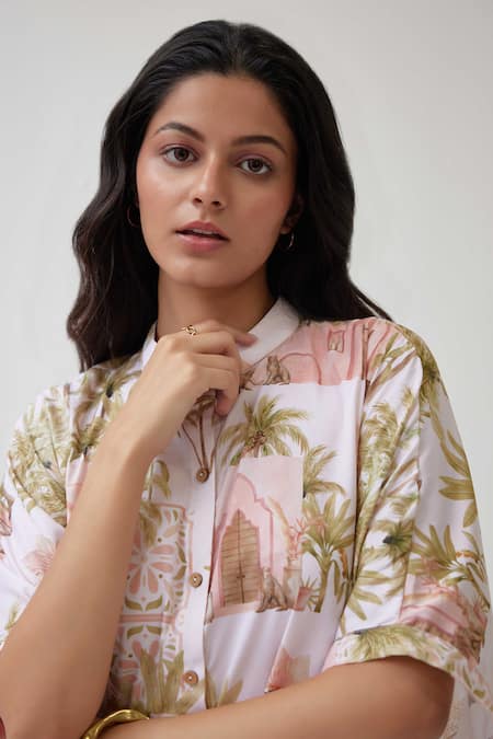 Label Kheerganga_White Viscose, Crepe Mandarin Collar Pam Trees Print Kaftan Top With Pant _Online_at_Aza_Fashions