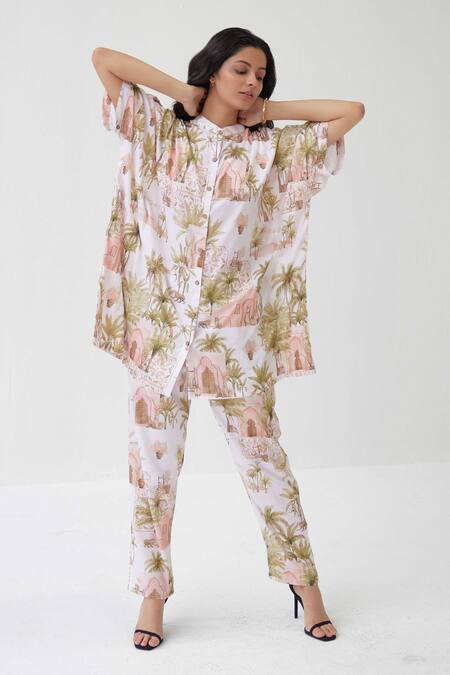 Buy_Label Kheerganga_White Viscose, Crepe Mandarin Collar Pam Trees Print Kaftan Top With Pant _Online_at_Aza_Fashions