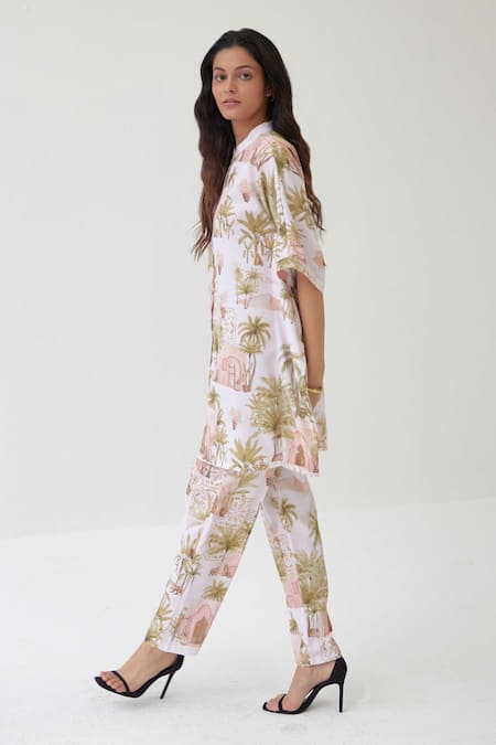 Shop_Label Kheerganga_White Viscose, Crepe Mandarin Collar Pam Trees Print Kaftan Top With Pant _Online_at_Aza_Fashions