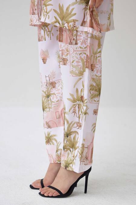 Label Kheerganga_White Viscose, Crepe Mandarin Collar Pam Trees Print Kaftan Top With Pant _at_Aza_Fashions